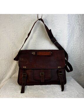 Vintage Brown Leather Messenger Bag Adjustable Strap & Buckle Closures Rustic De